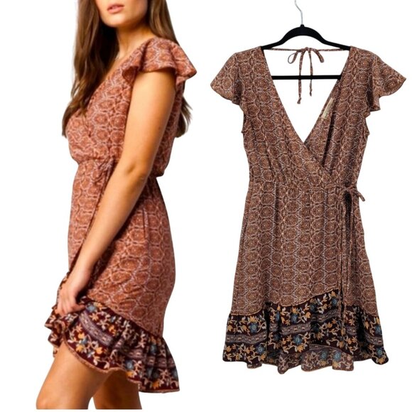 Y2K Boho Flutter Sleeve Faux Wrap Baby Doll Mini Dress Sz M Ruffle Hem Brown - Picture 13 of 13